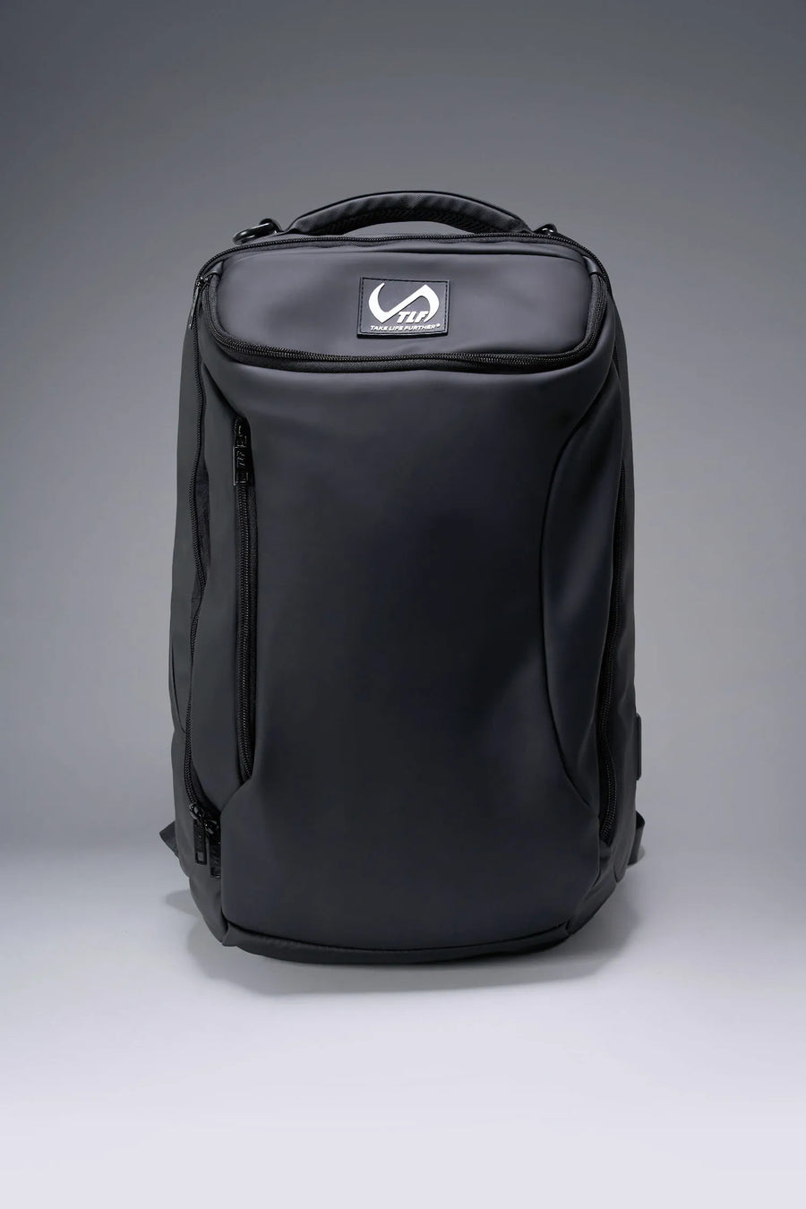 Black Apex Backpack built for everyday carry, travel, and gym-to-street transitions with durable construction by TLF Apparel – front view 
