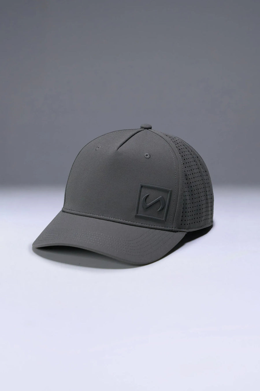 Gray Aero Core Performance Gym Hat with laser ventilation, water-repellent fabric and structured snapback fit by TLF Apparel – front view 