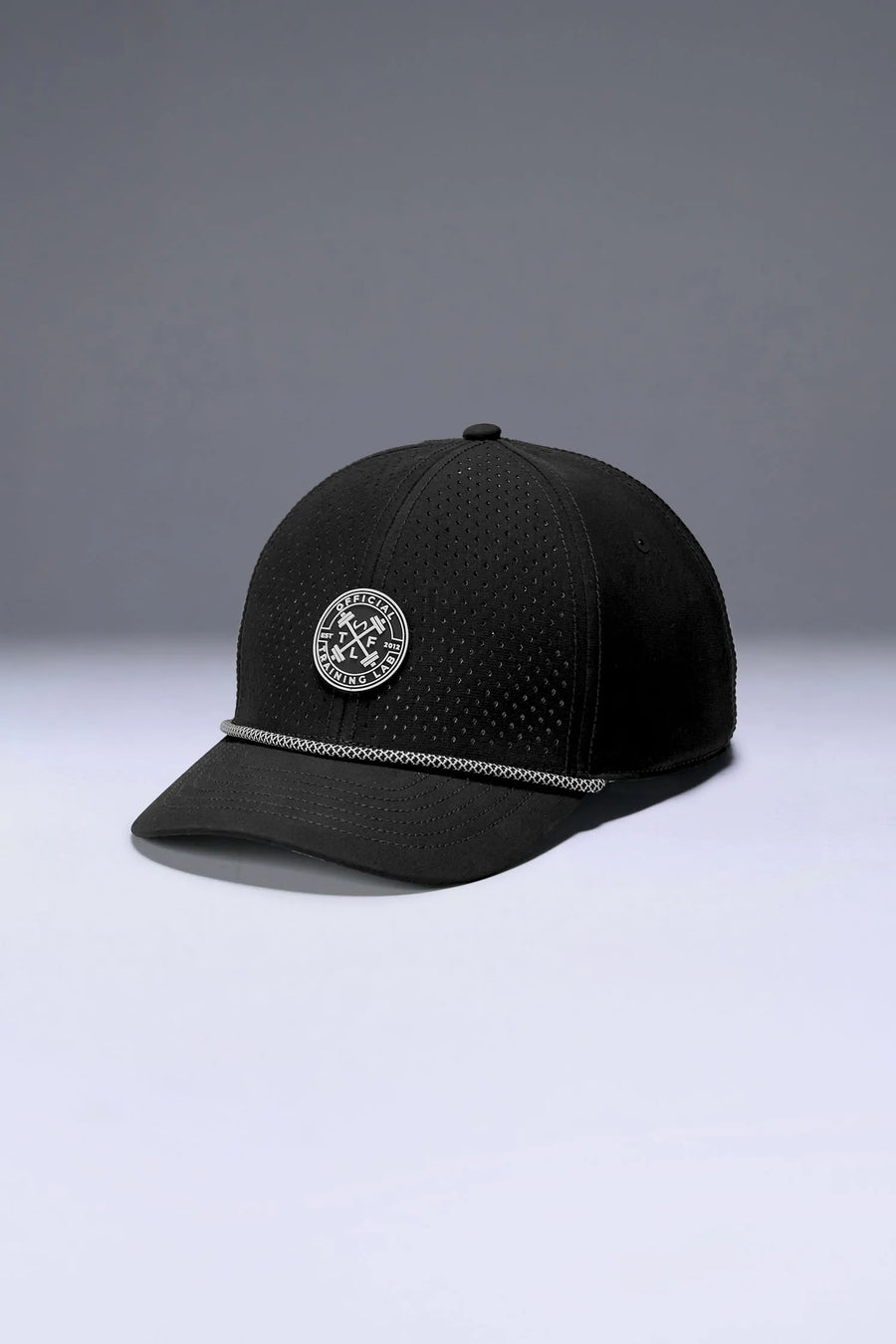 Black Flex Grid Cross Weights Rope Hat, structured snapback gym hat with ripstop performance fabric by TLF Apparel – front view 