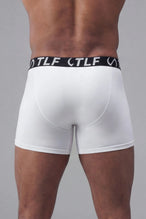 White Mens Performance Boxer Brief with breathable athletic fit and stretch performance fabric by TLF Apparel – back view_x000B_ 