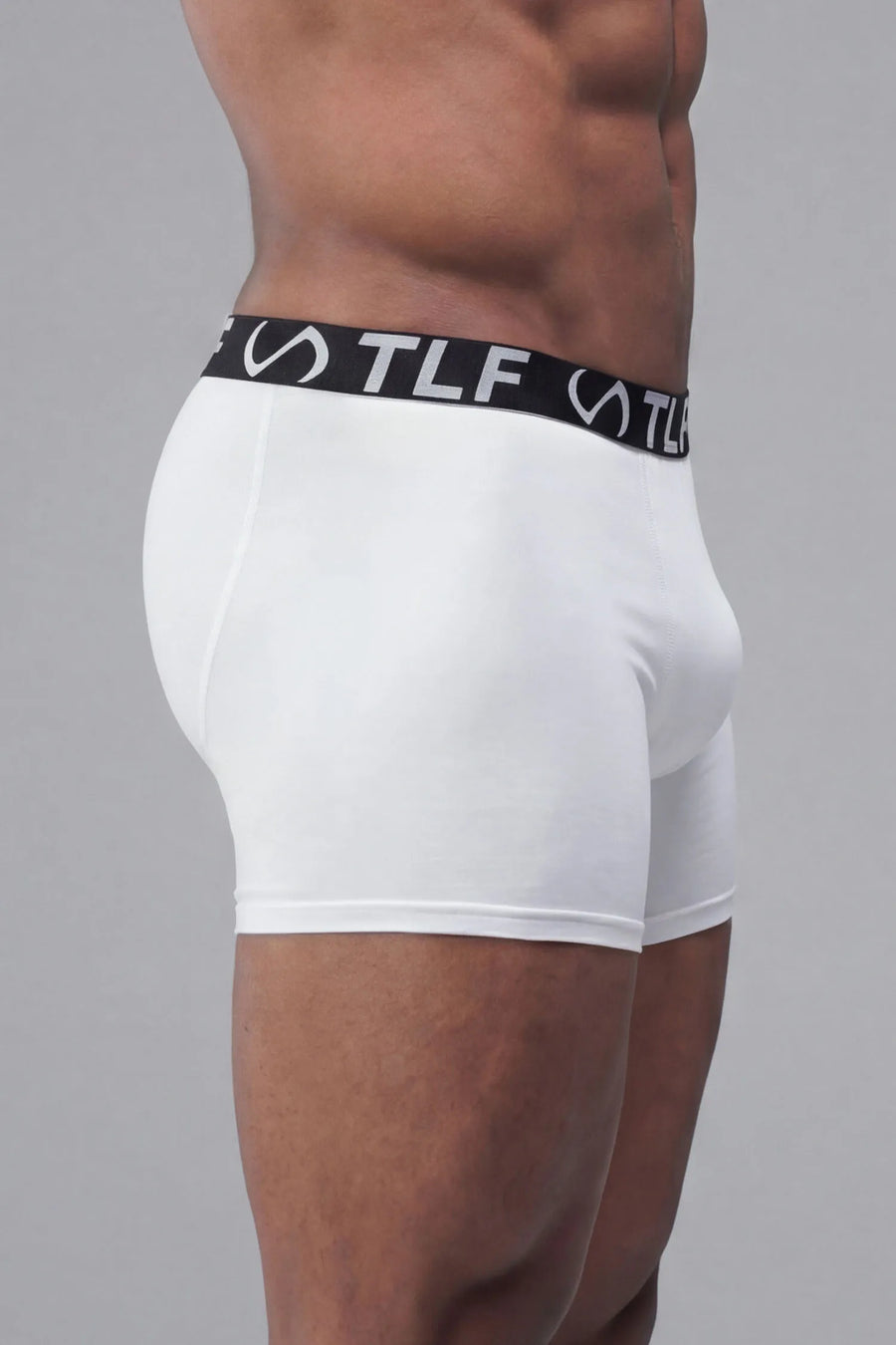 White Mens Performance Boxer Brief with moisture-wicking athletic fabric and supportive performance waistband by TLF Apparel – front view_x000B_ 