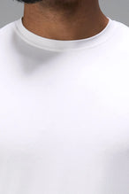 White Bamboo Crew Neck Essential Tee showing ultra soft bamboo fabric texture and silicone icon label detail by TLF Apparel – detail view