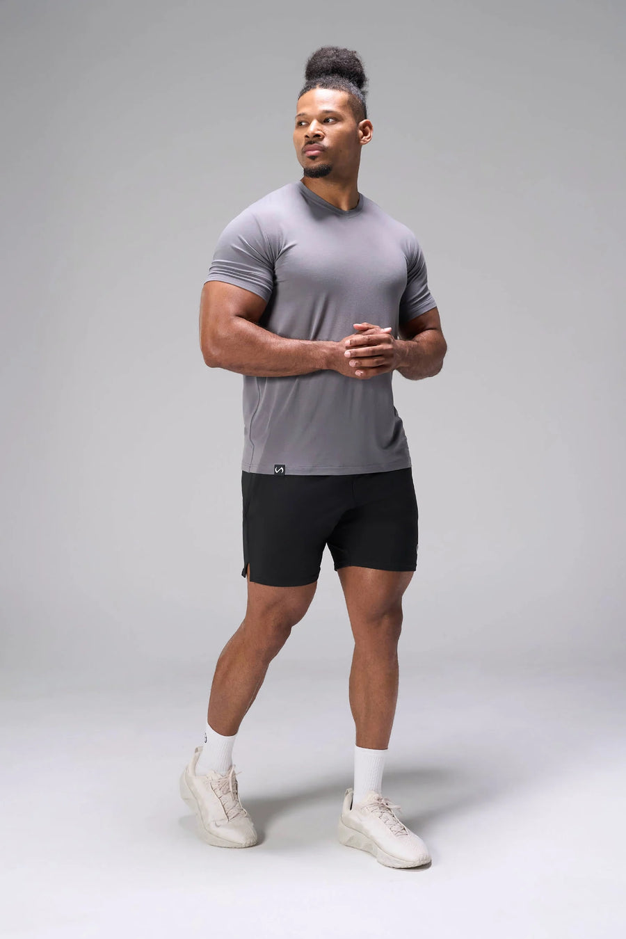 Gray Bamboo V Neck Essential Tee showing fitted side profile and lightweight bamboo performance fabric by TLF Apparel – side view