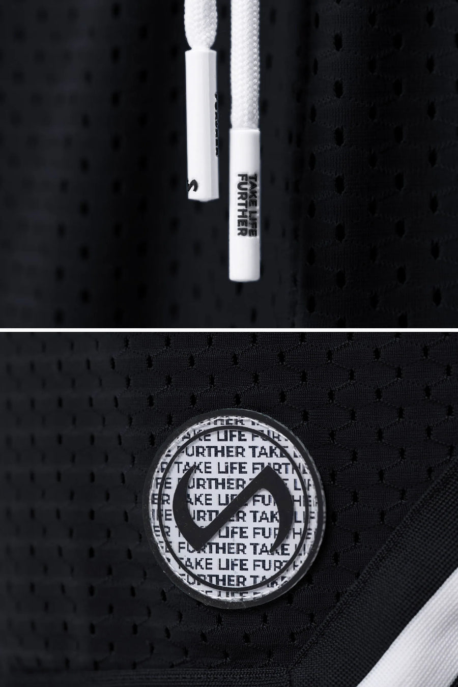 Black TLF Evolve Mesh 6 Inch Shorts showing Mesh Tech DNA™ fabric, striped ribbed waistband, and premium construction details by TLF Apparel – detail view