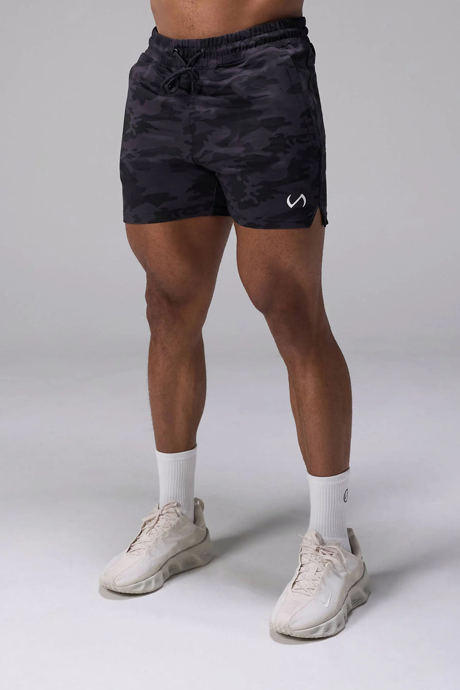 Black Tonal Camo Adapt Performance 5 inch Shorts with durable 4-way stretch performance fabric and secure zipper pockets for training and gym workouts by TLF Apparel – front view