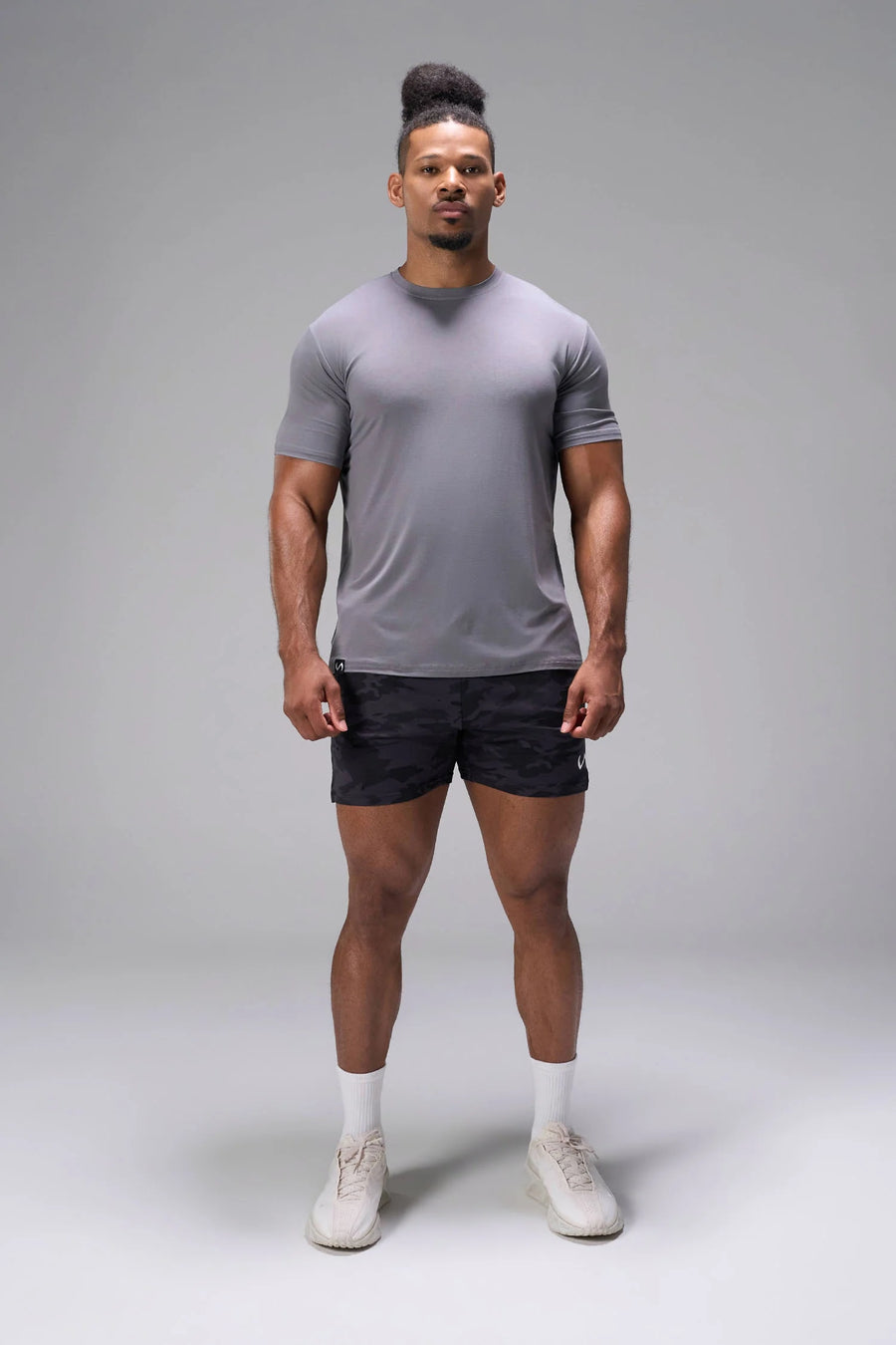 Black Tonal Camo Adapt Performance 5 Inch Shorts — product video showing the 4-way stretch fabric and zipper pockets