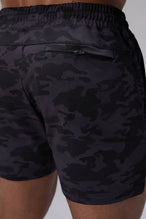 Black Tonal Camo Adapt Performance 5 inch Shorts showing tonal camo jacquard knit texture and back zipper pocket detail by TLF Apparel – detail view