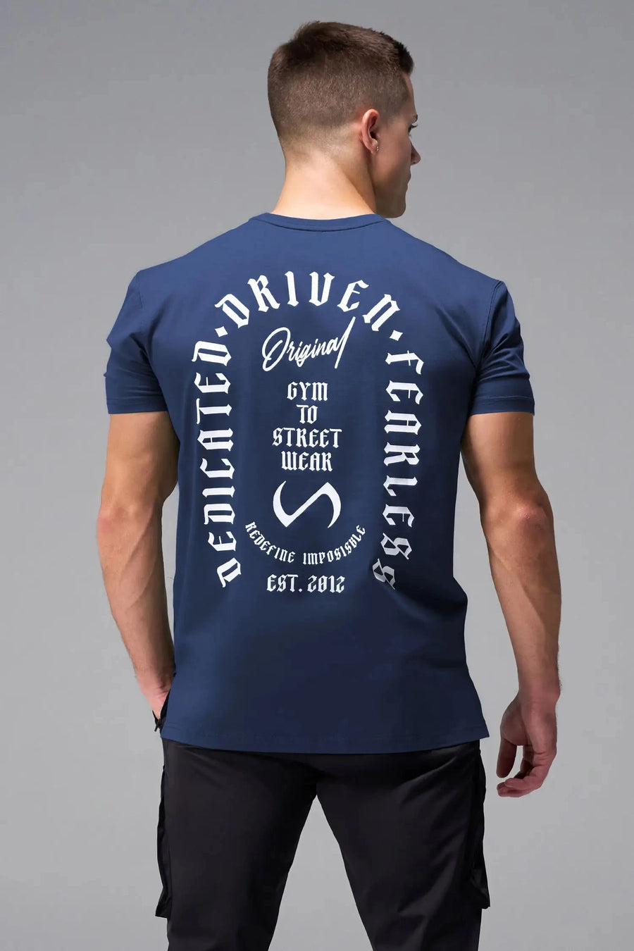 Back View of Blue TLF 3 Strengths Swole Tee, featuring a custom graphic print design in our swole fit for all day wear