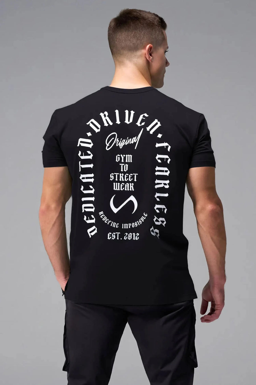 Back View of Black TLF 3 Strengths Swole Tee, featuring a custom graphic print design in our swole fit for all day wear