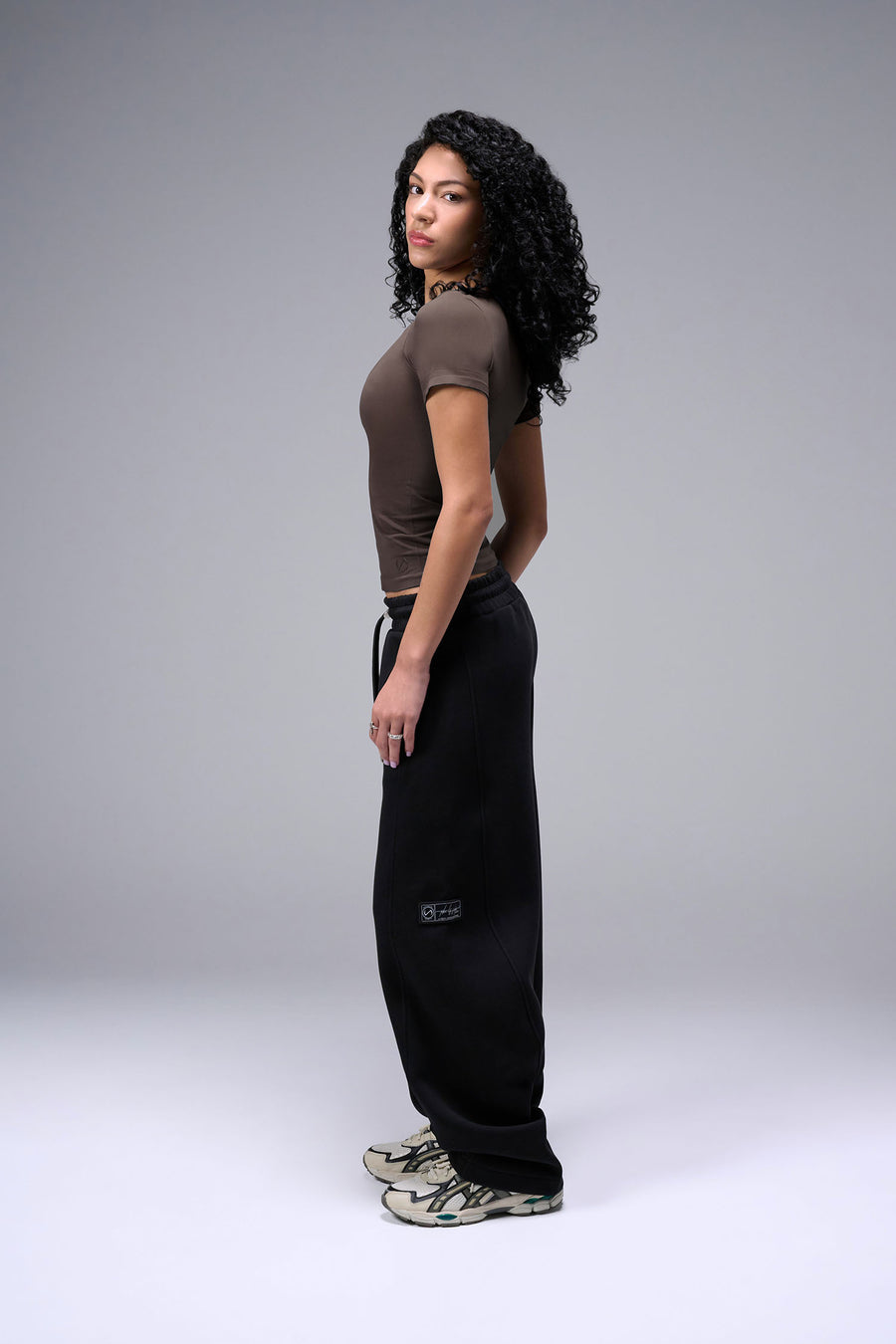 Women’s dark oak essential seamless short sleeve top with contouring fit for gym and lifestyle by TLF Apparel – side view