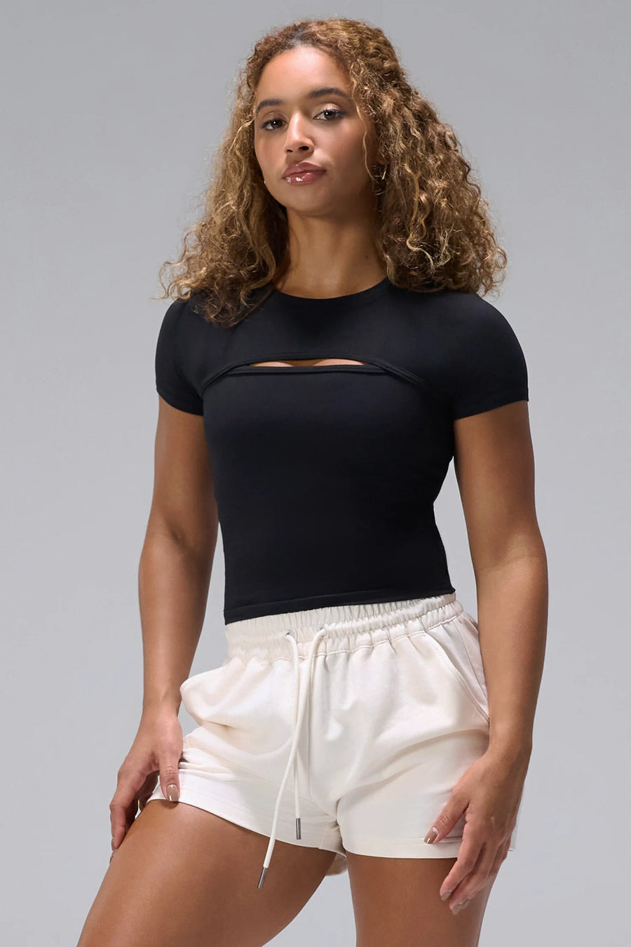Black NeoCloud™ Keyhole Short Sleeve Top, a women’s fitted t shirt in NeoCloud™ fabric by TLF Apparel – front view