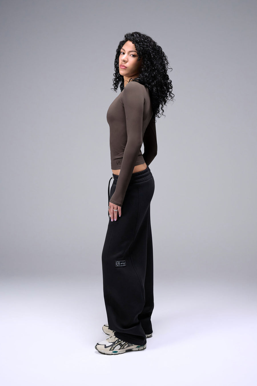 Women’s dark oak essential seamless long sleeve top with contouring fit for gym and lifestyle by TLF Apparel – side view