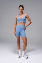 Blue Tempo 6 Inch Gym Shorts With Pockets, high waisted workout shorts for Gym-To-Street® wear by TLF Apparel – front view