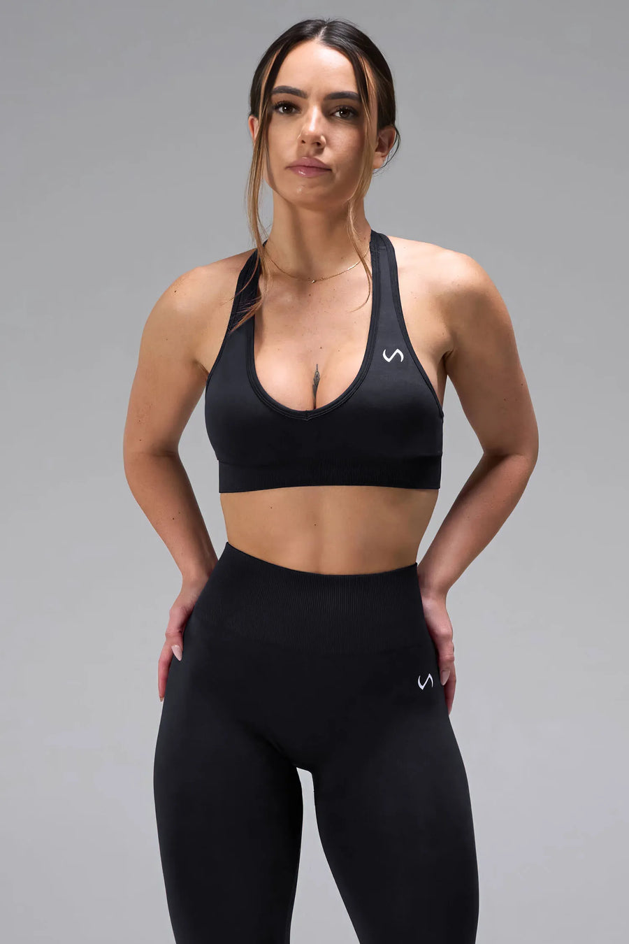 Front View of Black Tie Dye TLF Cosmic Seamless Sports Bra features adjustable strap for custom fit with high support for performance and functionality