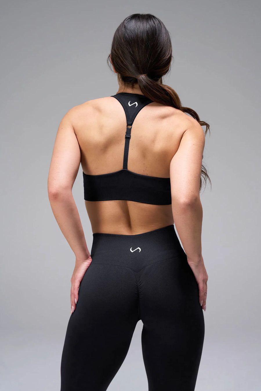 Back View of Black Tie Dye TLF Cosmic Seamless Sports Bra features adjustable strap for custom fit with high support for performance and functionality