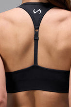 Side View of Black Tie Dye TLF Cosmic Seamless Sports Bra features adjustable strap for custom fit with high support for performance and functionality 