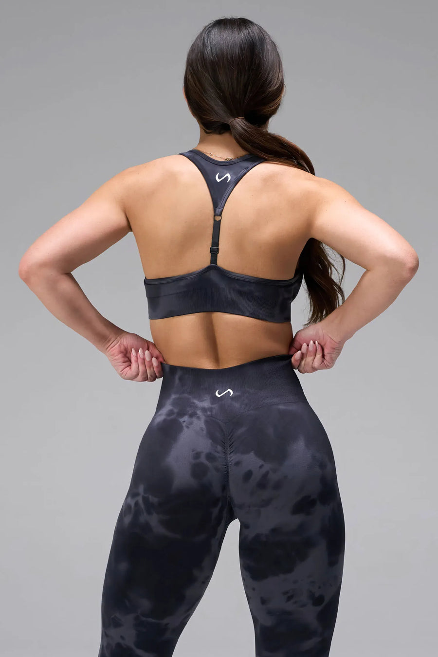 Back View of Blue Tie Dye TLF Cosmic Seamless Sports Bra features adjustable strap for custom fit with high support for performance and functionality