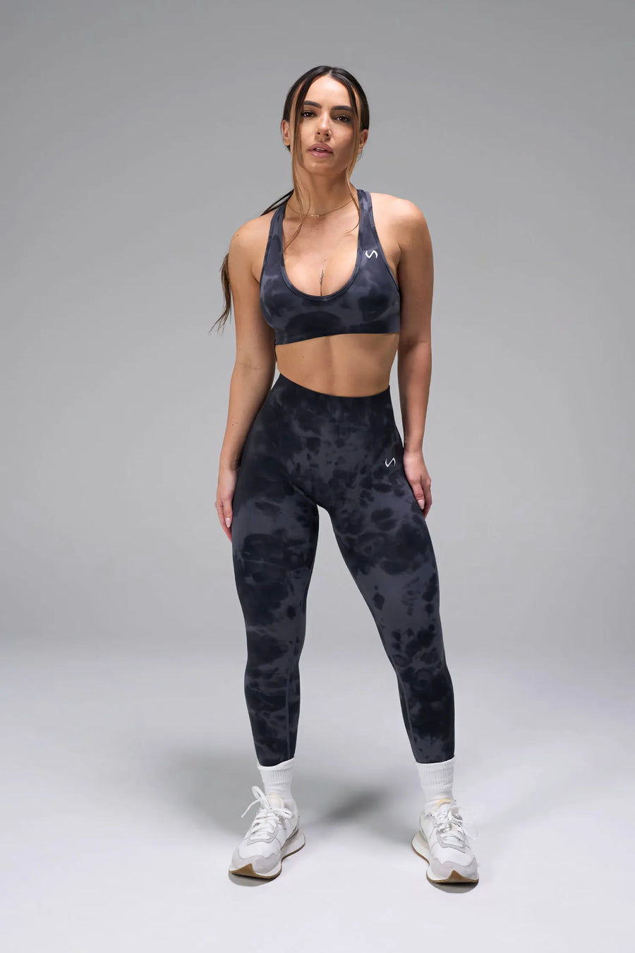 Front View of Blue Tie Dye TLF Cosmic Seamless Sports Bra features adjustable strap for custom fit with high support for performance and functionality