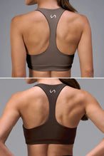 Brown Tempo Racerback Sports Bra showing racerback design for full range of motion by TLF Apparel – back view