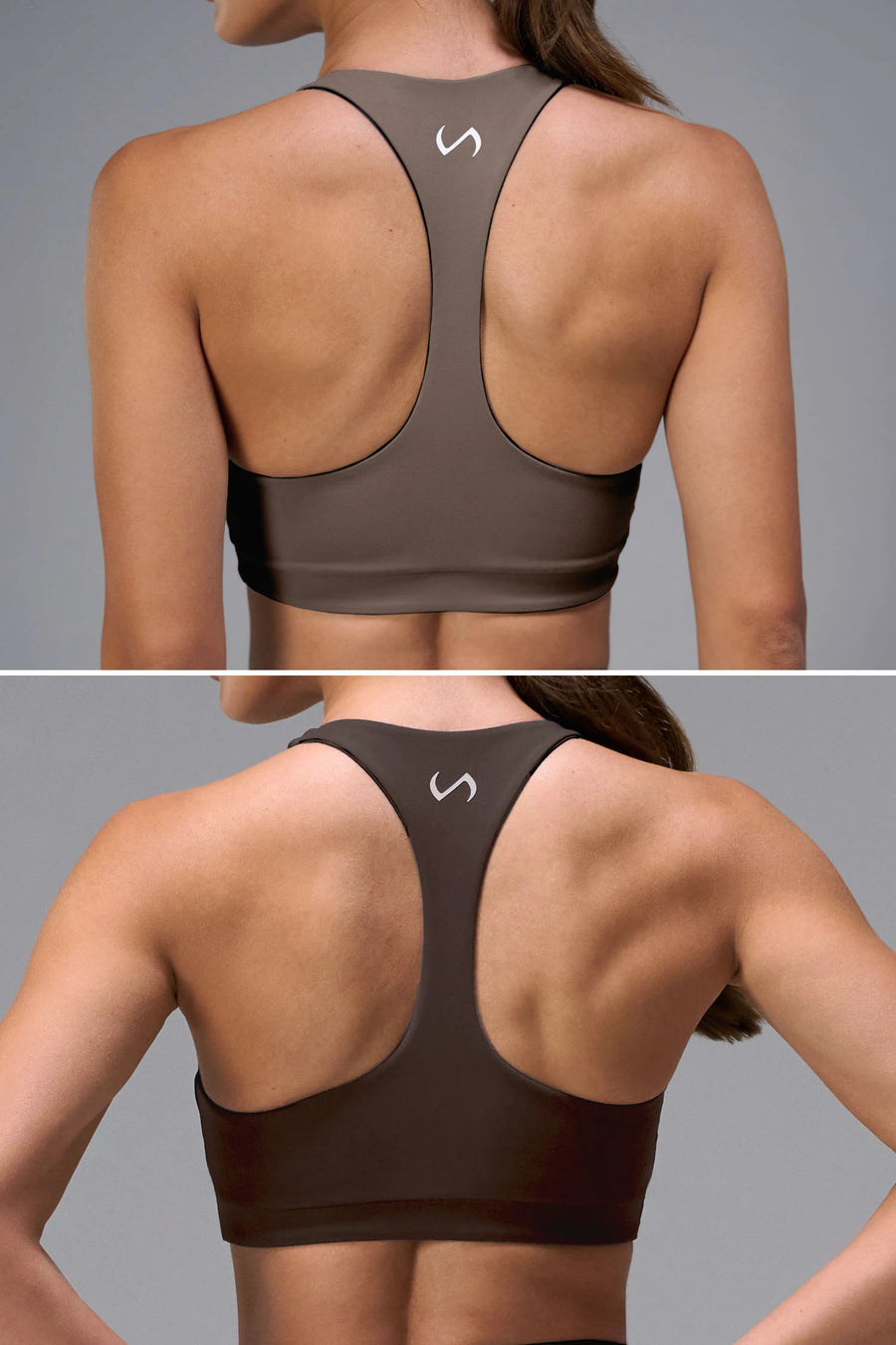 Brown Tempo Racerback Sports Bra showing racerback design for full range of motion by TLF Apparel – back view