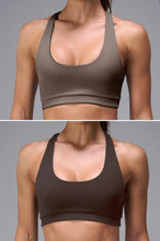 Brown Tempo Racerback Sports Bra reversed to its light brown inside, a two tone sports bra by TLF Apparel – front view