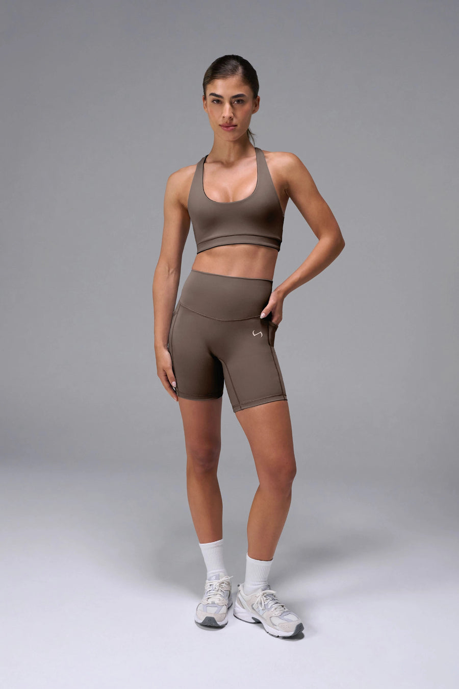 Brown Tempo Racerback Sports Bra, a reversible racerback bra for Gym-To-Street® wear by TLF Apparel – front view