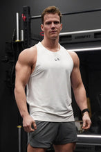White Men’s Micro Mesh Tank with a physique-enhancing fit, designed for gym training, HIIT workouts and running by TLF Apparel – back view 