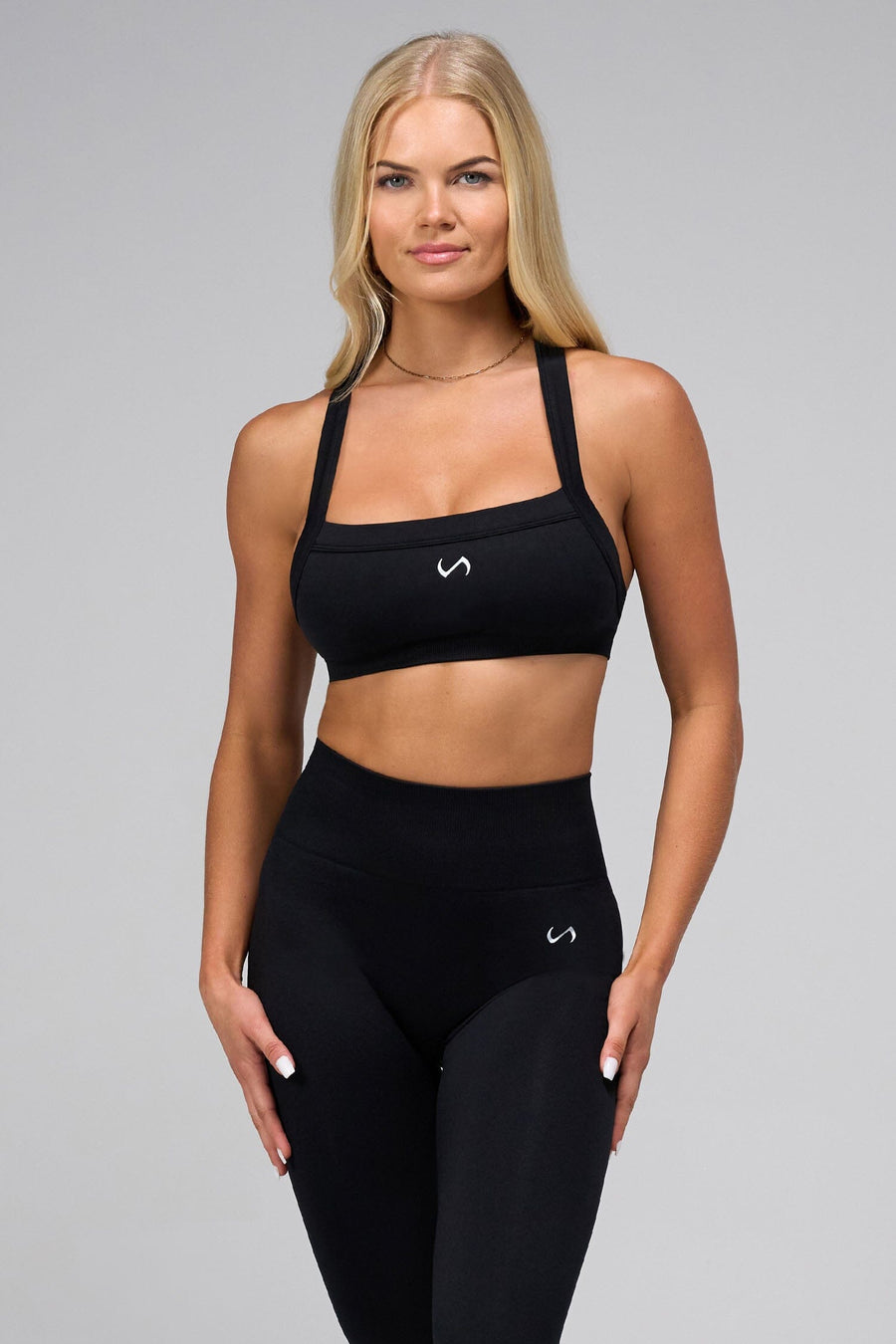 Front View Of Cosmic Seamless Square Neck Sports Bra in Black
