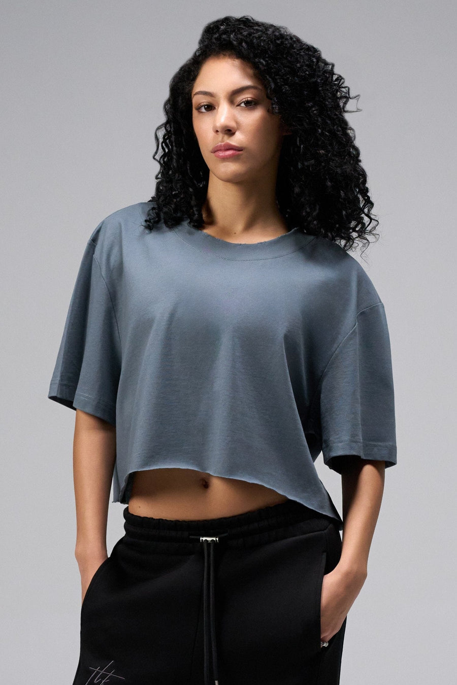 Front view Of Women's Dura Cotton Oversized Cropped Tee in Stormy Weather