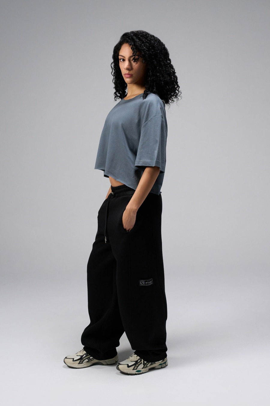 Side view Of Women's Dura Cotton Oversized Cropped Tee in Stormy Weather