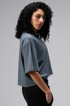 Side view Of Women's Dura Cotton Oversized Cropped Tee in Stormy Weather