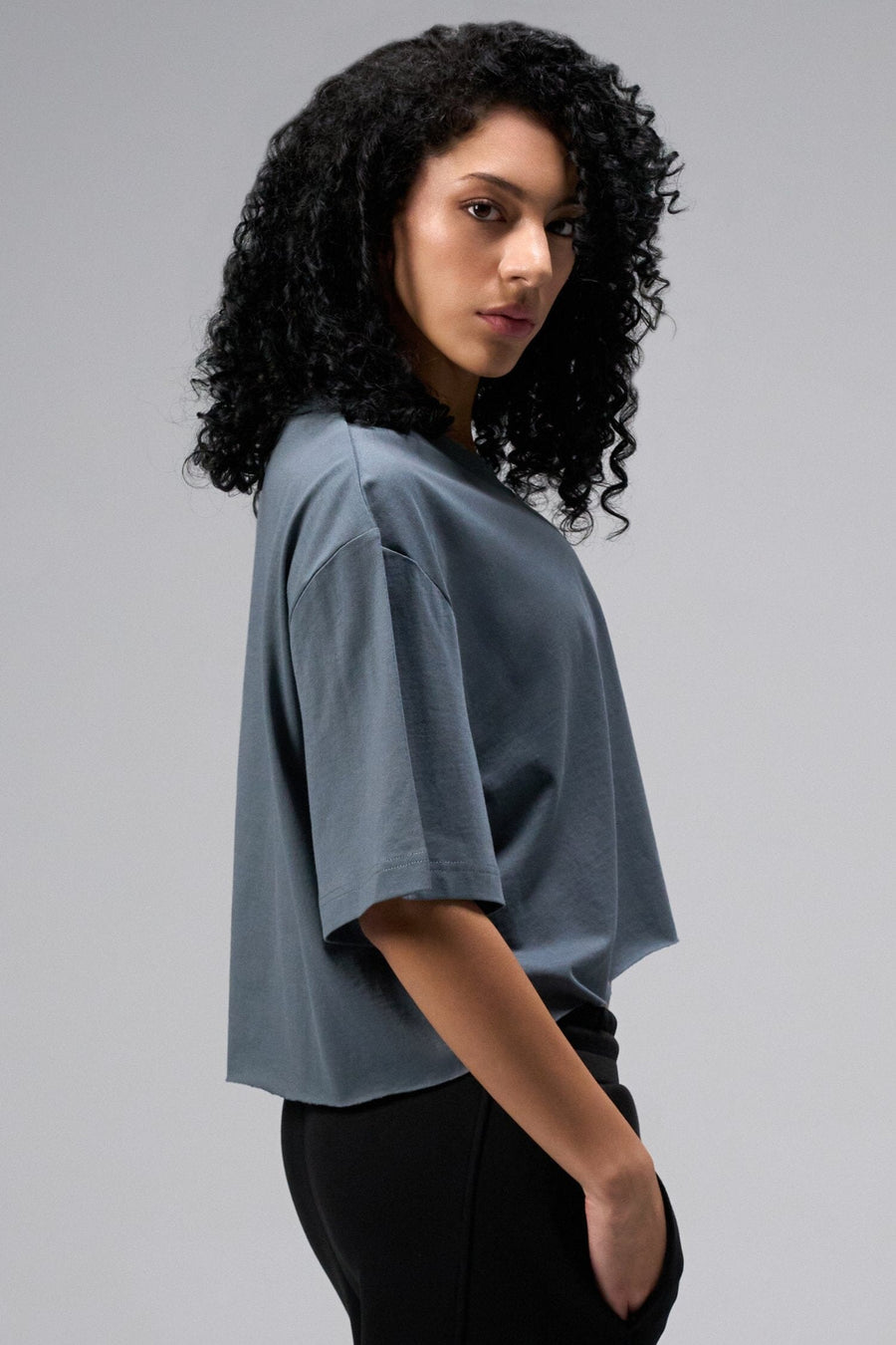 Side view Of Women's Dura Cotton Oversized Cropped Tee in Stormy Weather