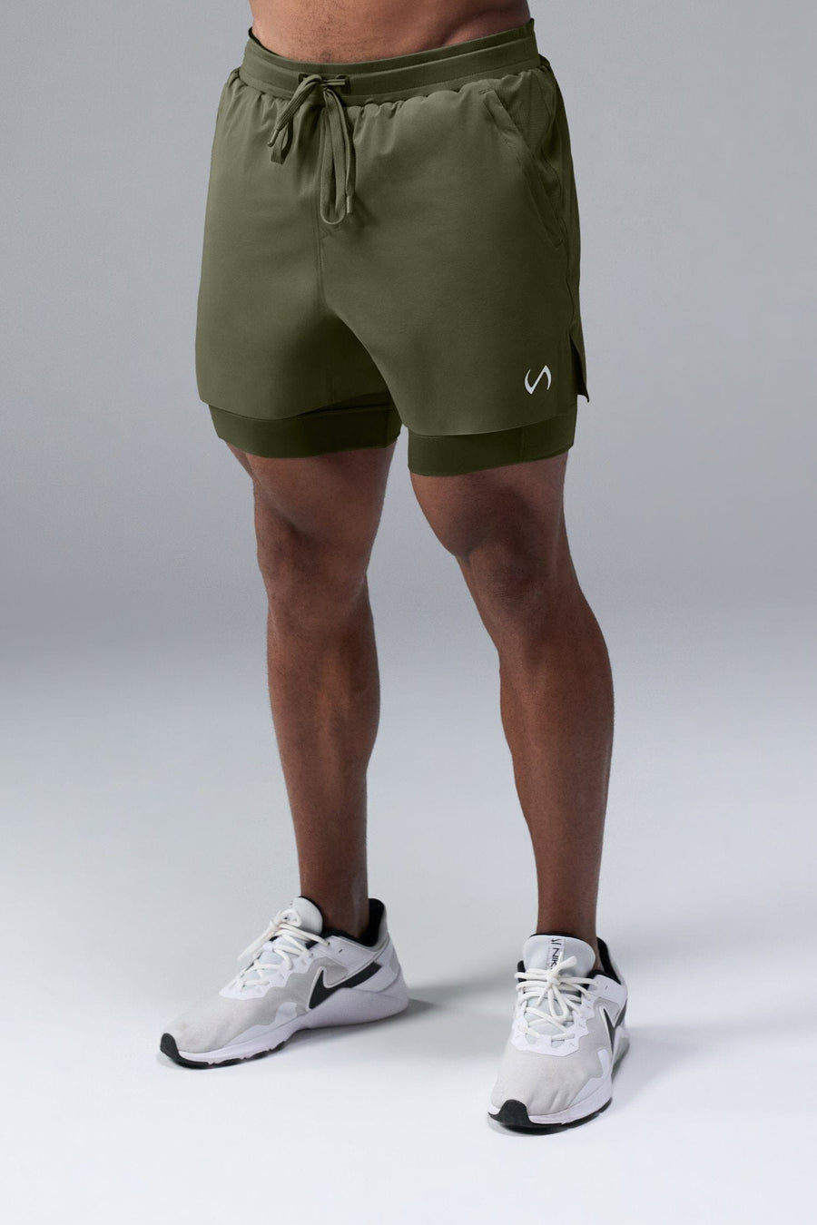 Front View of Green TLF Element Shorts With Liner, 2 in 1 shorts featuring side zipper pockets, 5 inch inseam and 7 Inch inseam Liner Short 