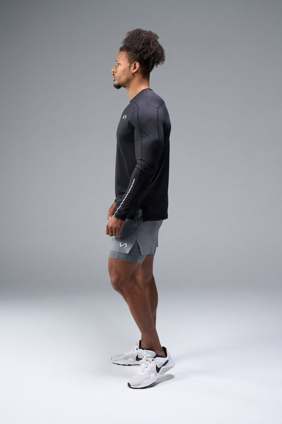 Side View of Gray TLF Element Shorts With Liner, 2 in 1 shorts featuring side zipper pockets, 5 inch inseam and 7 Inch inseam Liner Short 