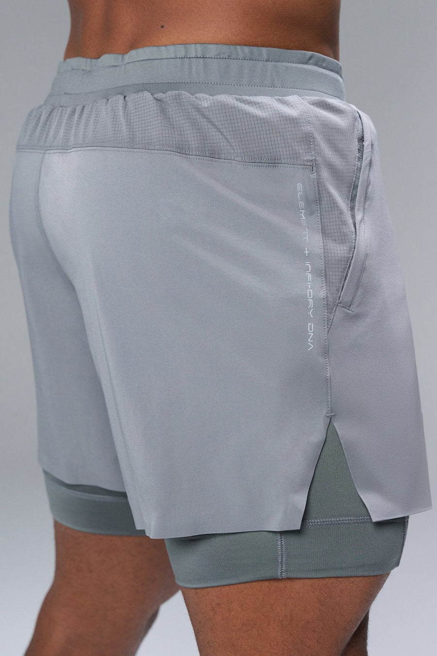 Back View of Gray TLF Element Shorts With Liner, 2 in 1 shorts featuring side zipper pockets, 5 inch inseam and 7 Inch inseam Liner Short 