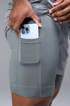 Detail Side View of Gray TLF Element Shorts With Liner, 2 in 1 shorts featuring side zipper pockets, 5 inch inseam and 7 Inch inseam Liner Short 