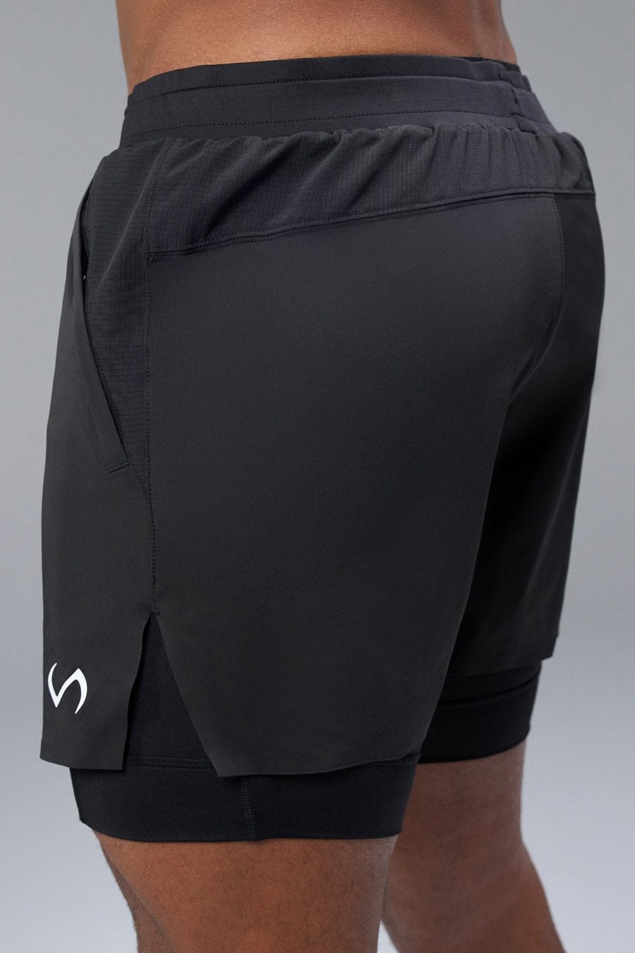 Back View of Black TLF Element Shorts With Liner, 2 in 1 shorts featuring side zipper pockets, 5 inch inseam and 7 Inch inseam Liner Short 