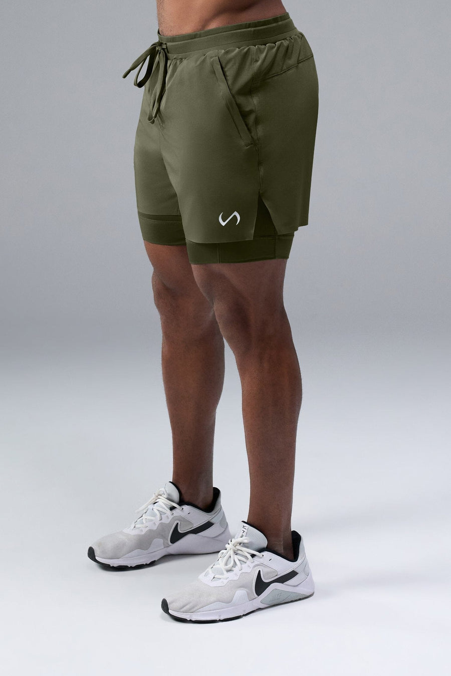 Front View of Green TLF Element Shorts With Liner, 2 in 1 shorts featuring side zipper pockets, 5 inch inseam and 7 Inch inseam Liner Short 