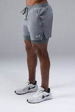 Side View of Gray TLF Element Shorts With Liner, 2 in 1 shorts featuring side zipper pockets, 5 inch inseam and 7 Inch inseam Liner Short 