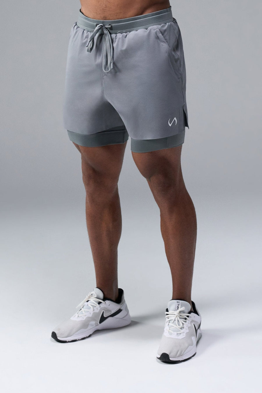 Front View of Gray TLF Element Shorts With Liner, 2 in 1 shorts featuring side zipper pockets, 5 inch inseam and 7 Inch inseam Liner Short 