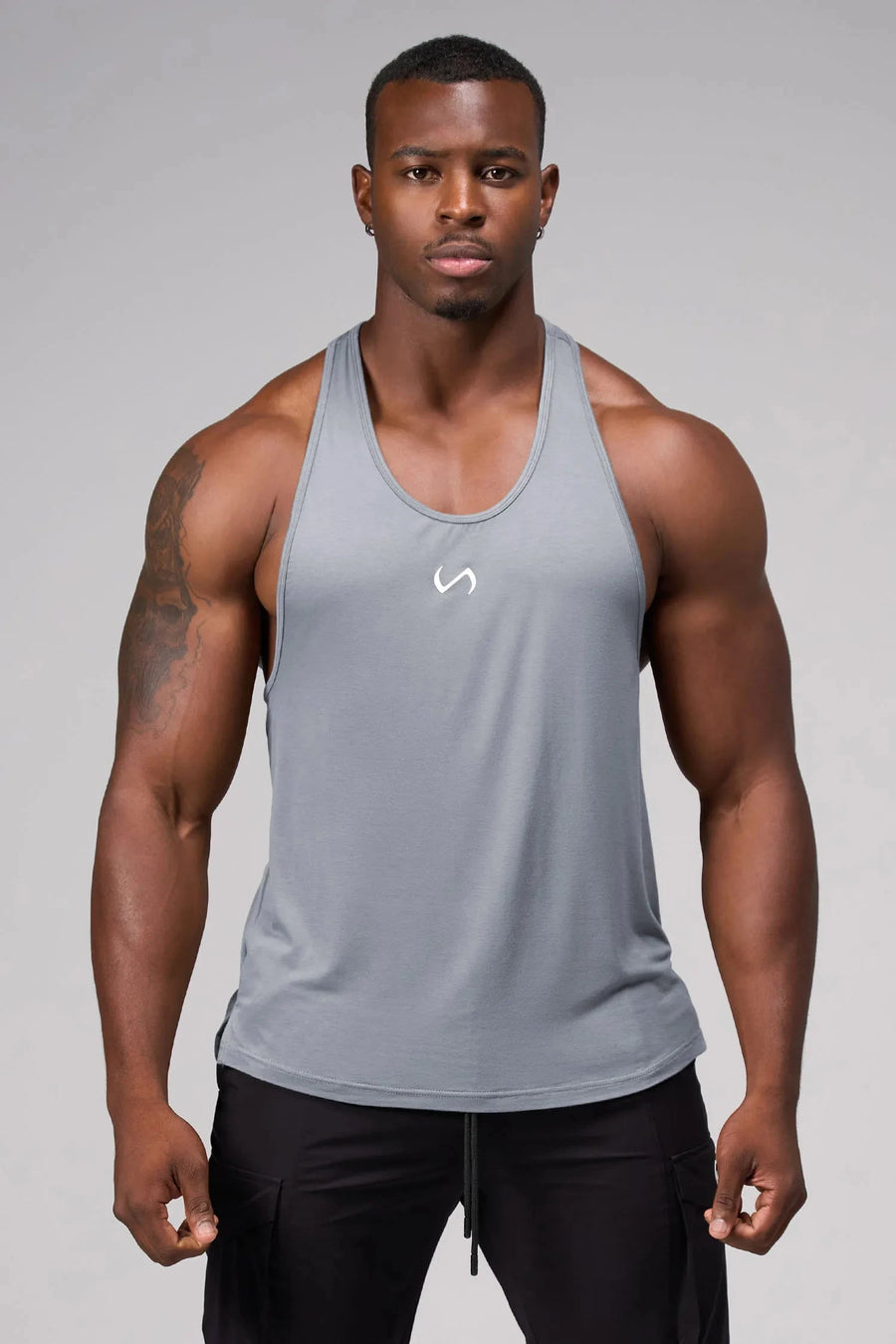 Front View of Gray Elevate Bamboo Stringer Tank