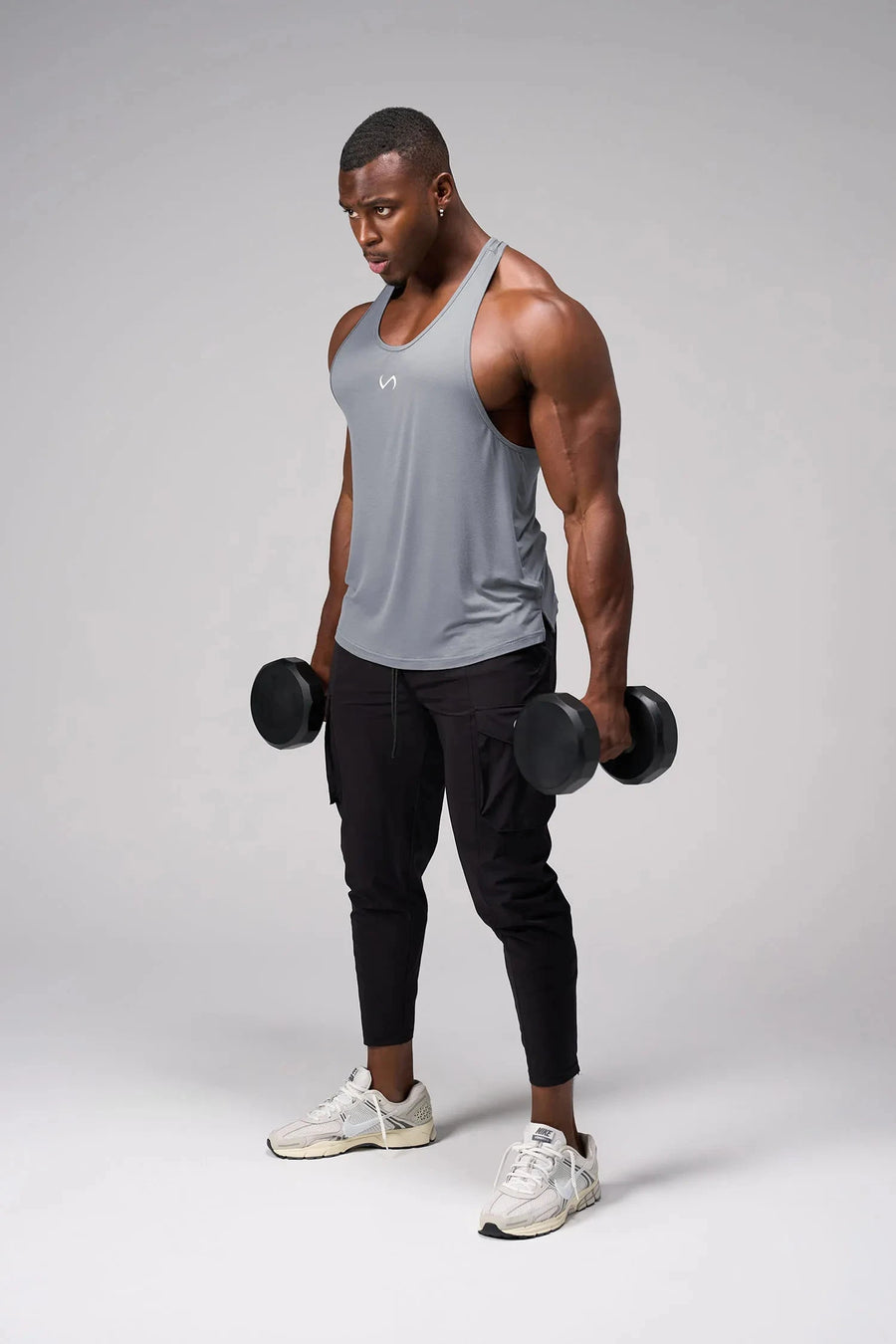 Front View of Gray Elevate Bamboo Stringer Tank