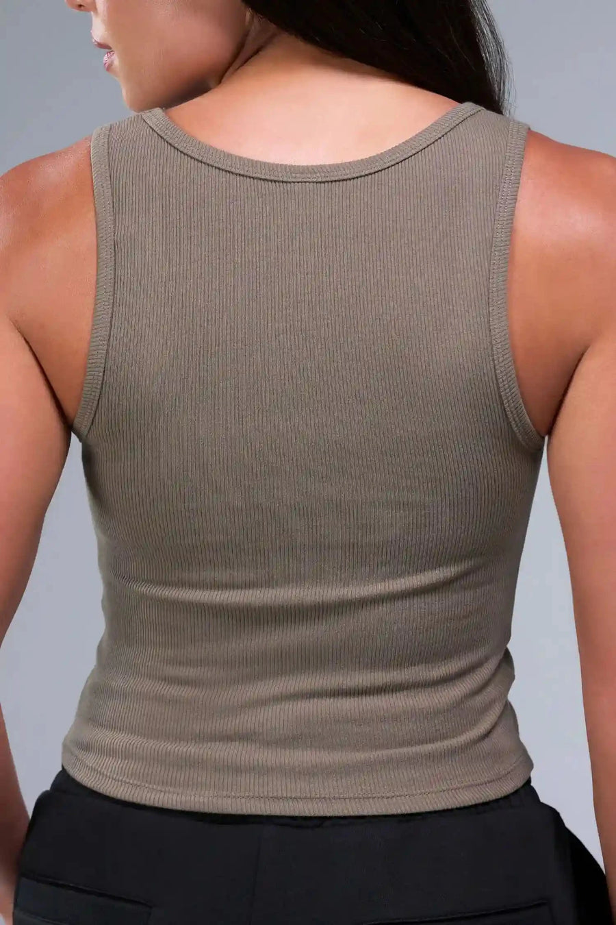 Back View of Brown TLF Essential Ribbed Tank Top, featuring a scoop neckline in our ribbed tech fabric