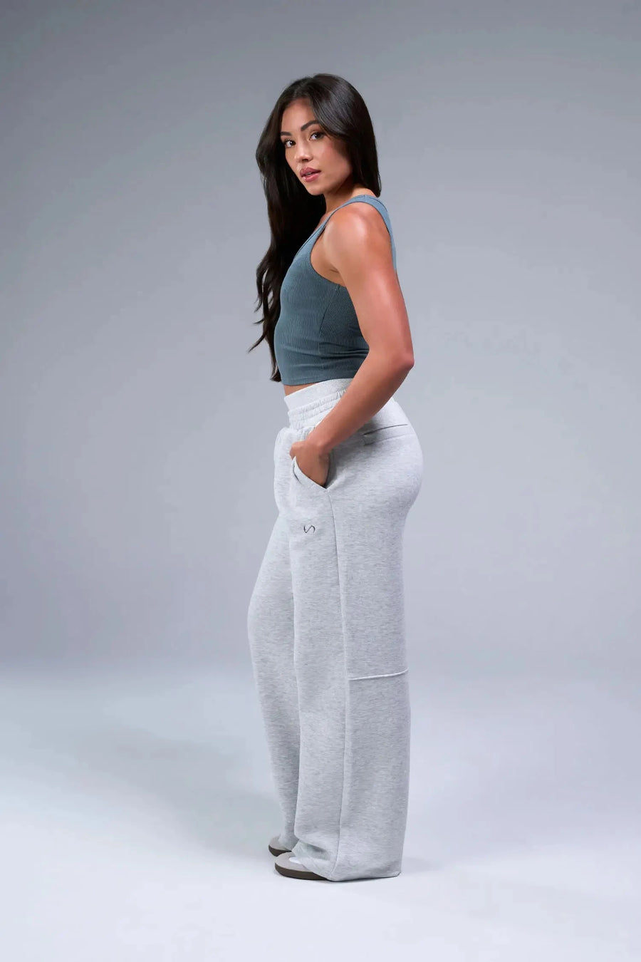 Stormy Weather Blue TLF Essential Ribbed Tank Top — product video showing the scoop neckline and ribbed tech fabric