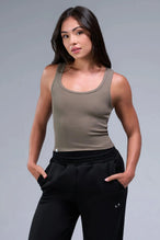 Front View of Brown TLF Essential Ribbed Tank Top, featuring a scoop neckline in our ribbed tech fabric 