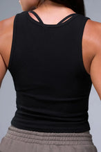 Back View of Black TLF Essential Ribbed Tank Top, featuring a scoop neckline in our ribbed tech fabric 