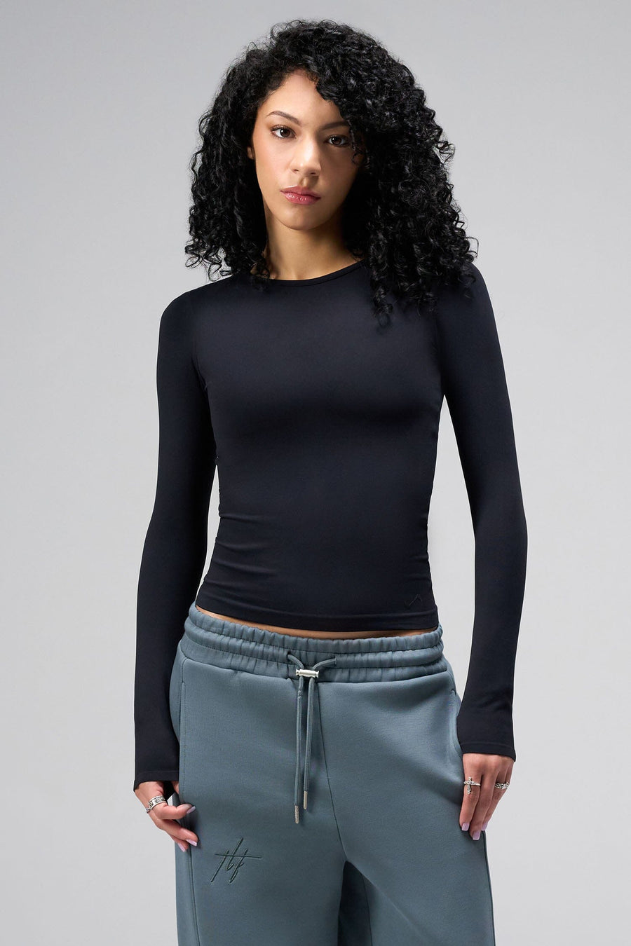 Front View Of Women's Essential Seamless Long Sleeve Top in Black