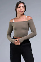 Front View of Brown TLF Essential Seamless off the shoulder top, featuring a cropped length and thumbholes 