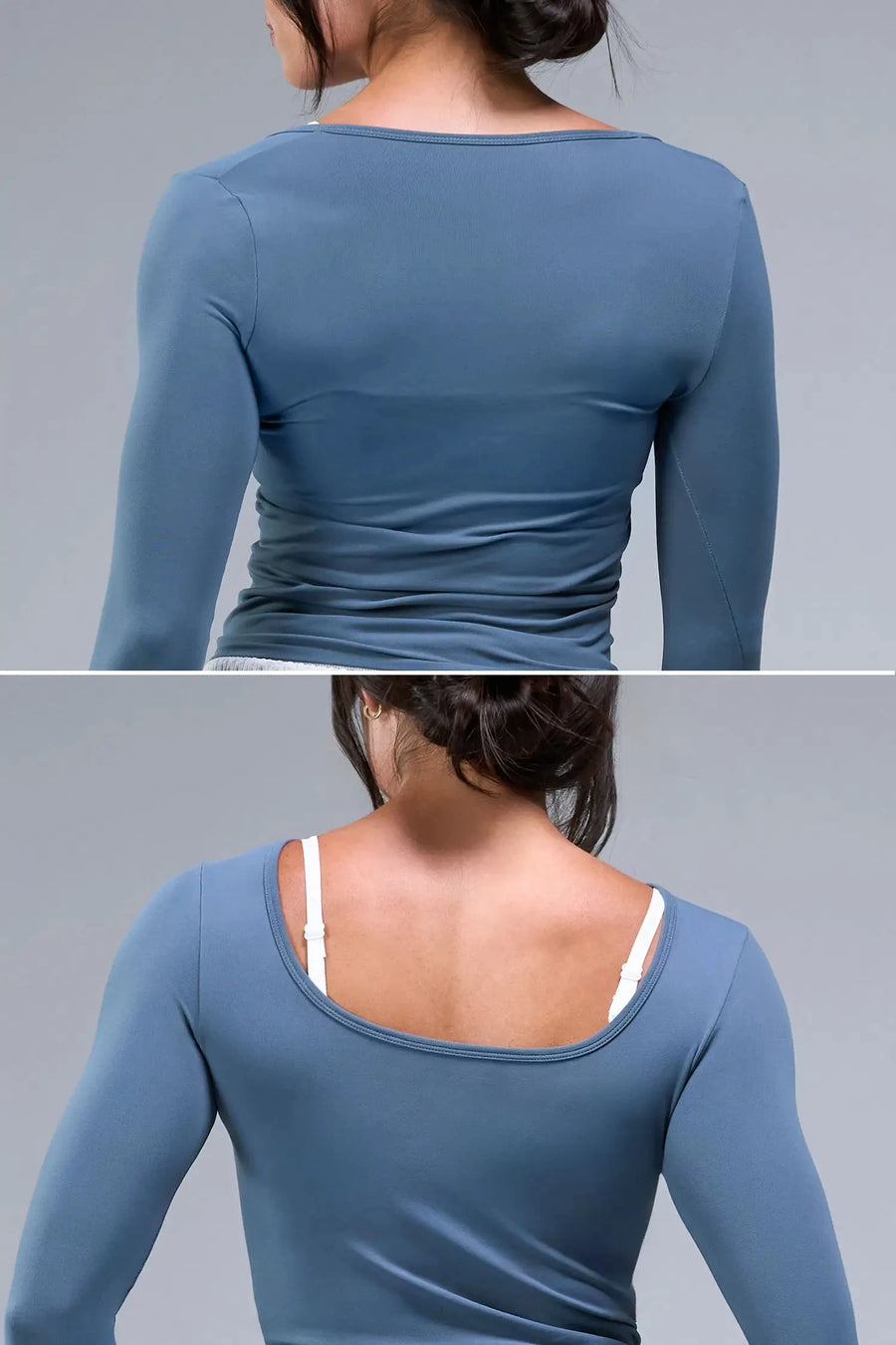 Back View of Blue TLF Essential Seamless Reversible Scoop Neck, featuring thumbholes and multi wear for boat neck or scoop neck styling 