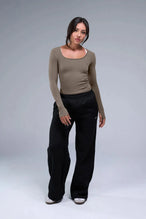Front View of Brown TLF Essential Seamless Reversible Scoop Neck, featuring thumbholes and multi wear for boat neck or scoop neck styling 
